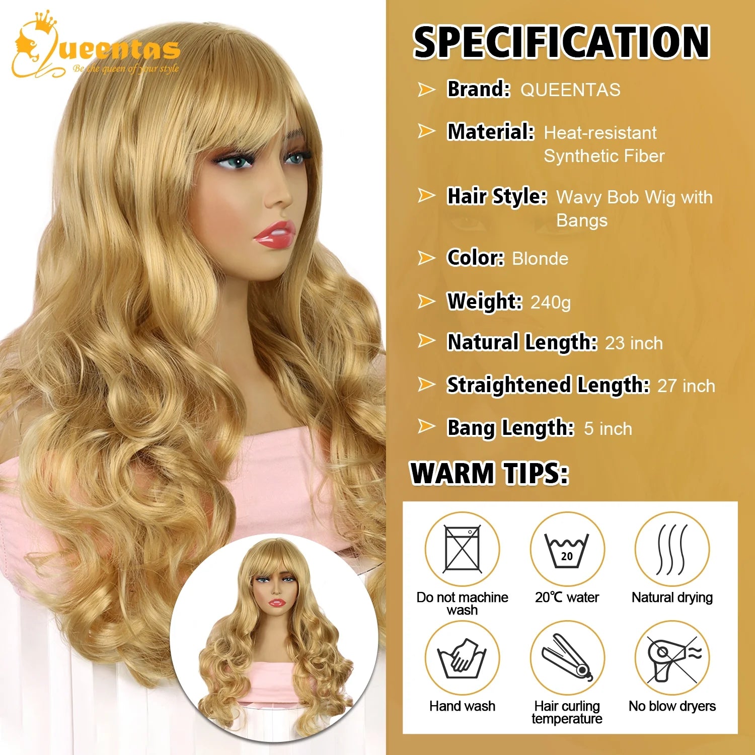 24" Long Blonde Wigs for Women Deep Wave Wig Synthetic Honey Blonde Wig Curly Bob Wigs with Bangs for Halloween