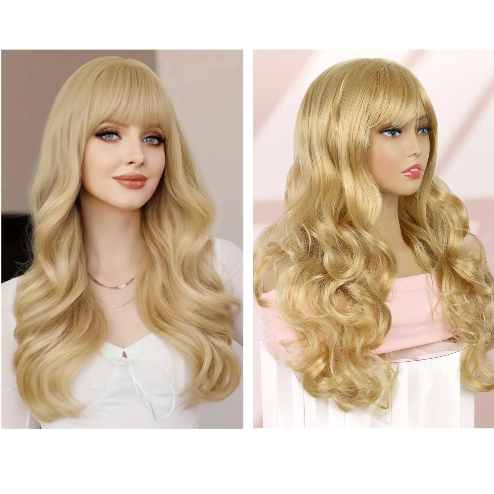 24" Long Blonde Wigs for Women Deep Wave Wig Synthetic Honey Blonde Wig Curly Bob Wigs with Bangs for Halloween
