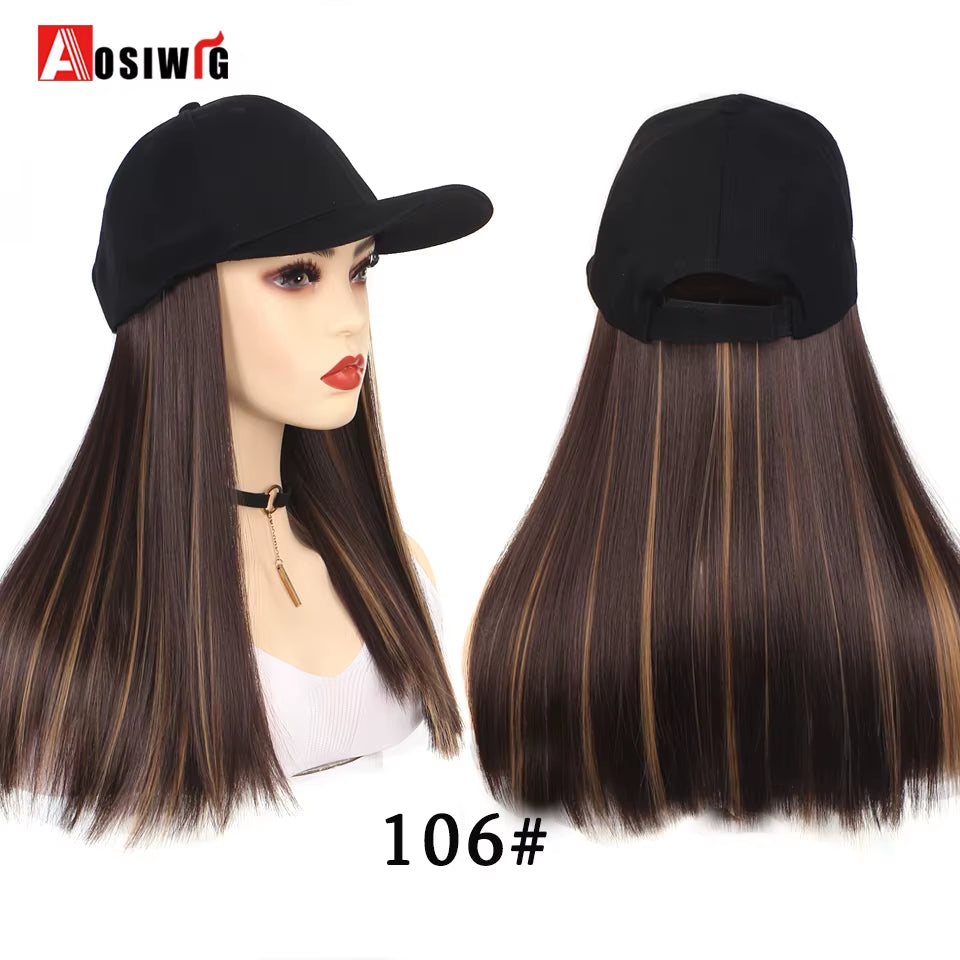AOSI Fashion Black Baseball Cap with Wig One Piece Women Summer Synthetic Long Straight Hair Adjustable Hat Wig