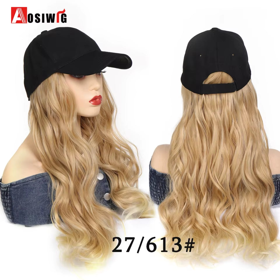 AOSI Fashion Black Baseball Cap with Wig One Piece Women Summer Synthetic Long Straight Hair Adjustable Hat Wig