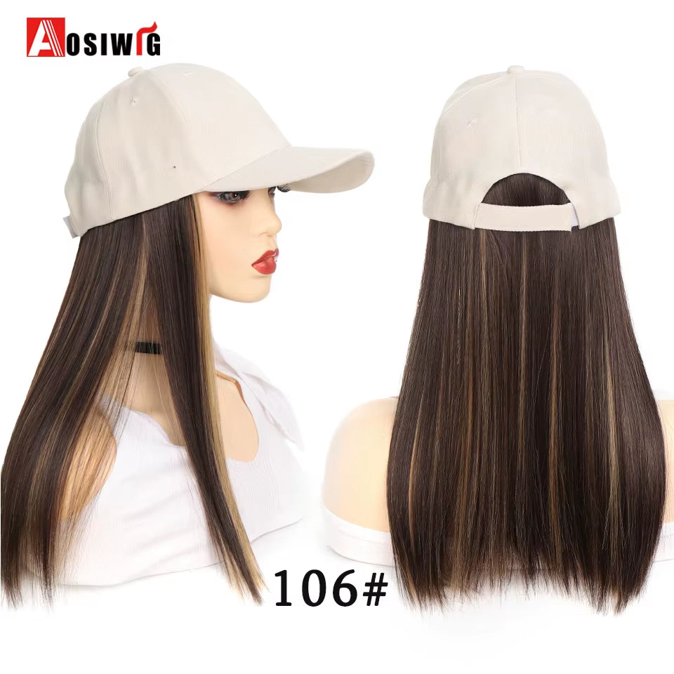 AOSI Fashion Black Baseball Cap with Wig One Piece Women Summer Synthetic Long Straight Hair Adjustable Hat Wig