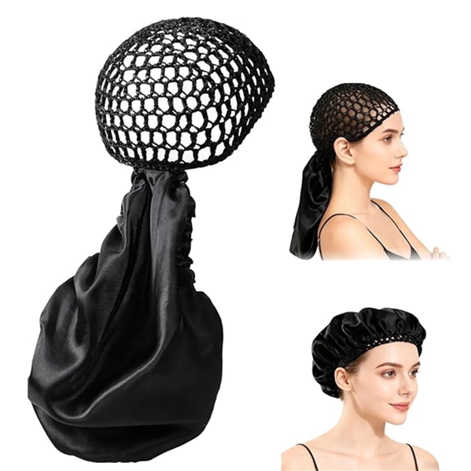2 In1 Wrap Cap Bonnet Reversible Adjustable Tie Band, Silk Bonnet Hair Wrap Cap for Silk Press, New Satinbonnet for Sleeping, Double Layered Band for Curly Natural and Braided Hair (Black)
