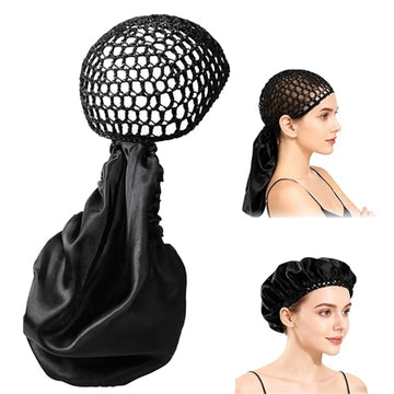 2 In1 Wrap Cap Bonnet Reversible Adjustable Tie Band, Silk Bonnet Hair Wrap Cap for Silk Press, New Satinbonnet for Sleeping, Double Layered Band for Curly Natural and Braided Hair (Black)