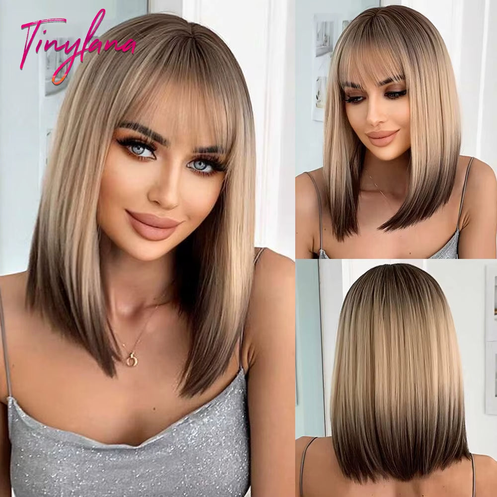 Short Orange Straight Synthetic Wigs for Women Medium Orange Cosplay Party Wig with Bangs Heat Resistant Lolita Natural Hair Use