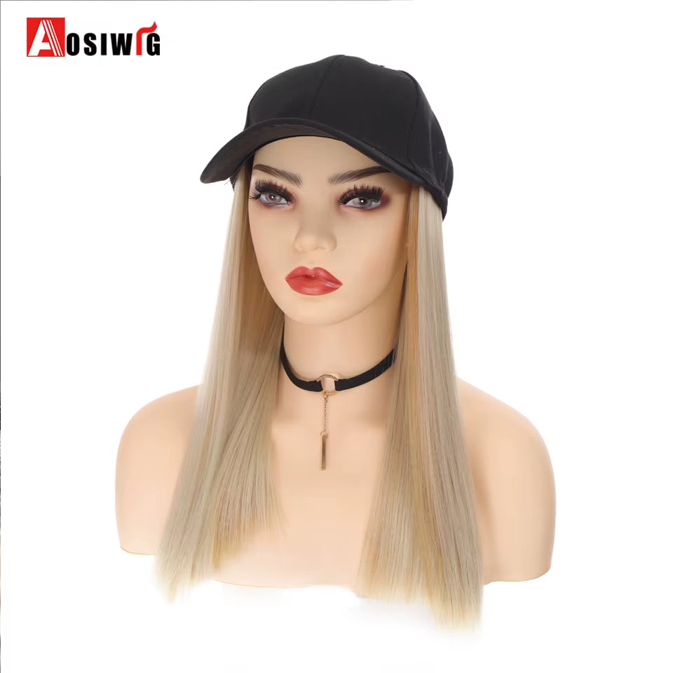 AOSI Fashion Black Baseball Cap with Wig One Piece Women Summer Synthetic Long Straight Hair Adjustable Hat Wig