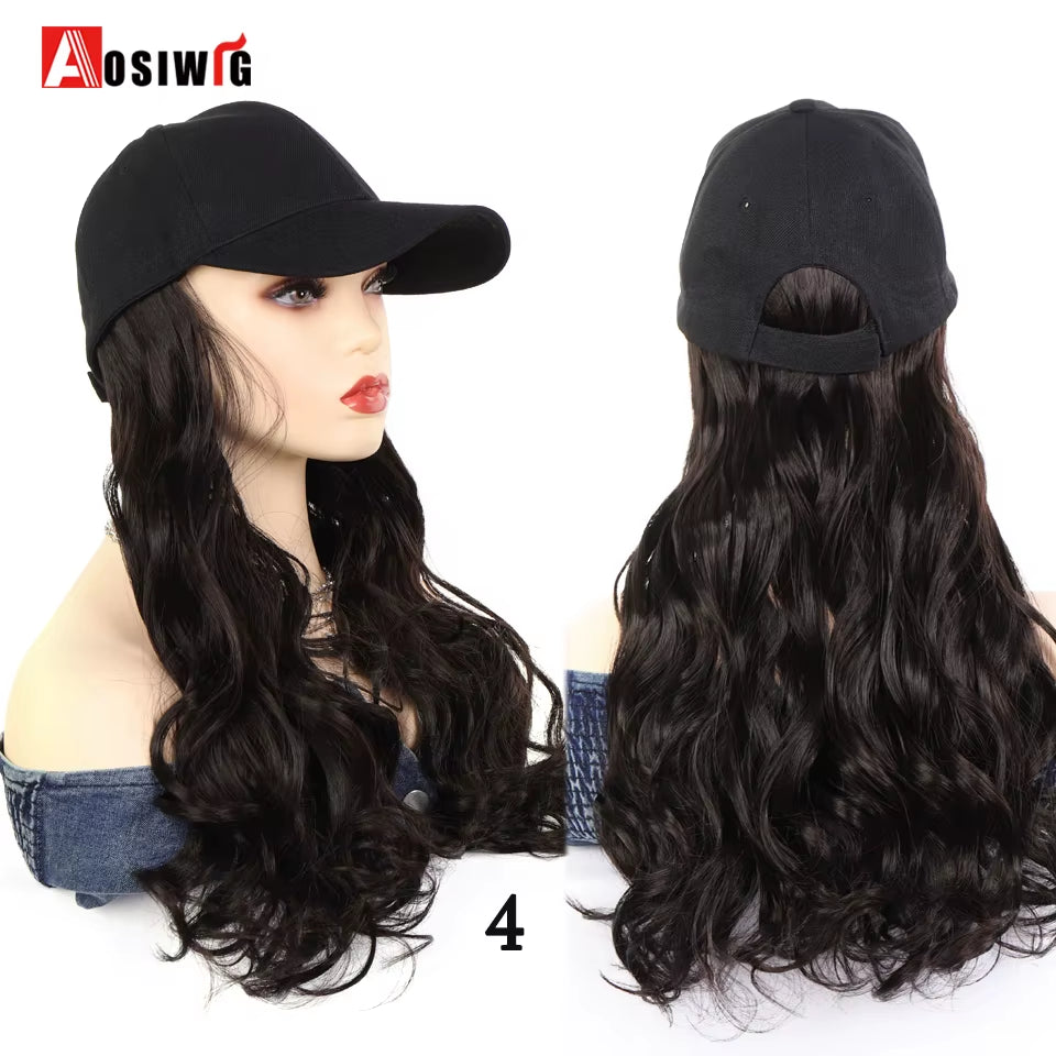 AOSI Fashion Black Baseball Cap with Wig One Piece Women Summer Synthetic Long Straight Hair Adjustable Hat Wig