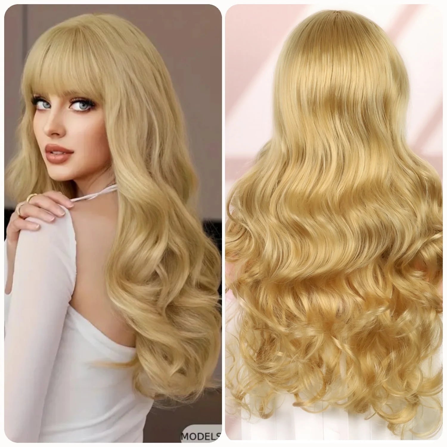 24" Long Blonde Wigs for Women Deep Wave Wig Synthetic Honey Blonde Wig Curly Bob Wigs with Bangs for Halloween