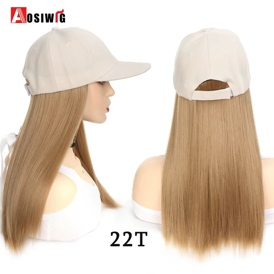 AOSI Fashion Black Baseball Cap with Wig One Piece Women Summer Synthetic Long Straight Hair Adjustable Hat Wig