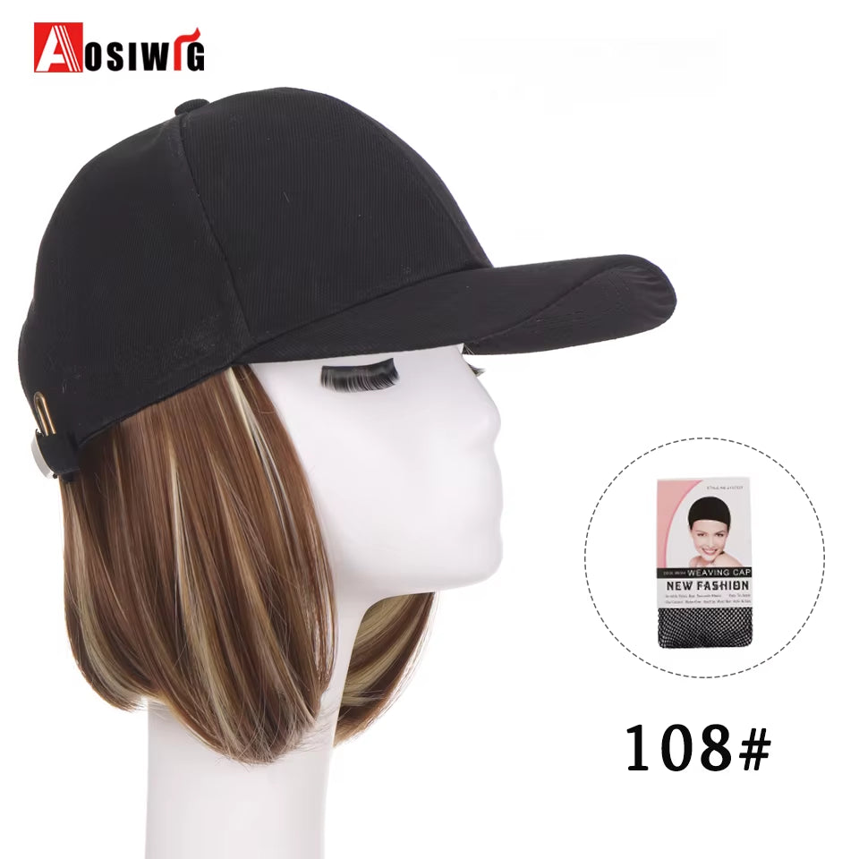 AOSI Fashion Black Baseball Cap with Wig One Piece Women Summer Synthetic Long Straight Hair Adjustable Hat Wig