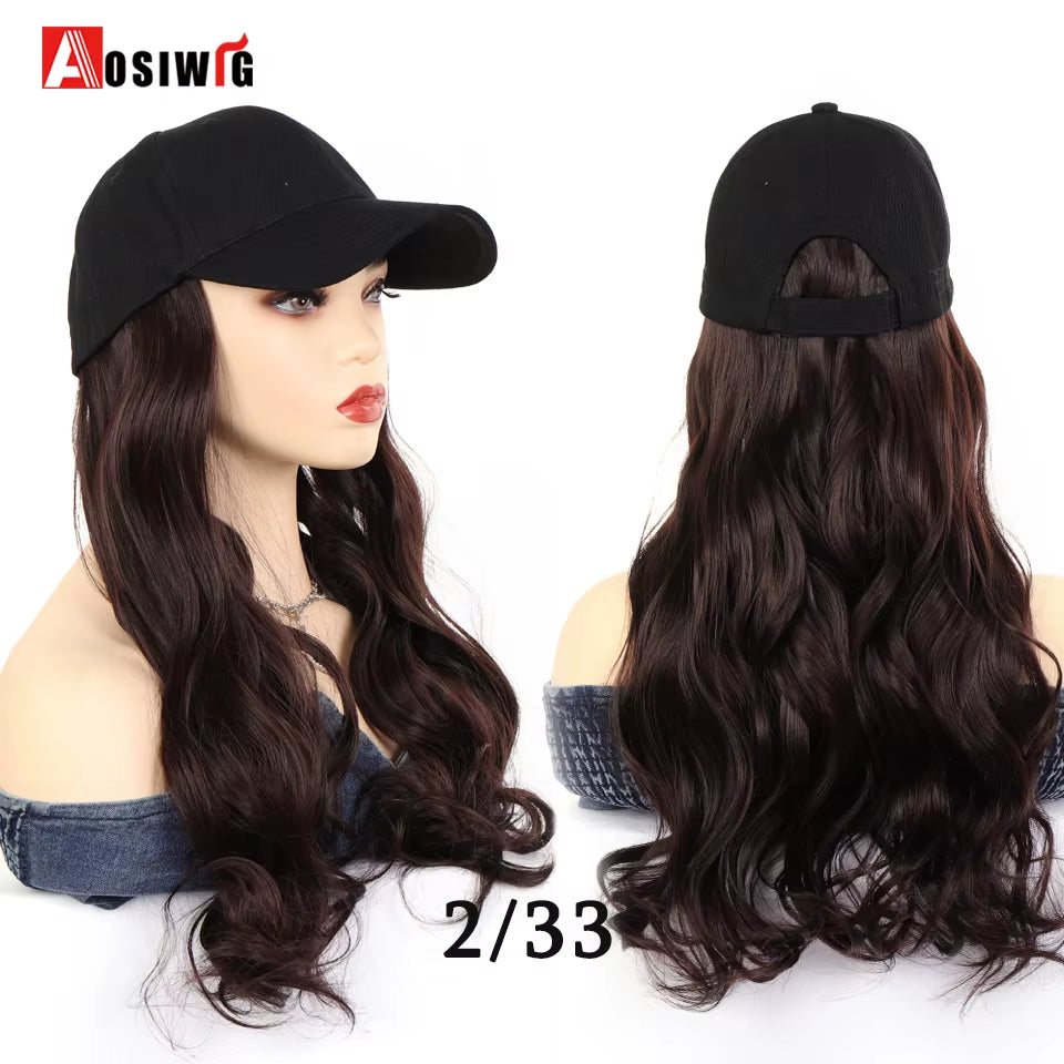 AOSI Fashion Black Baseball Cap with Wig One Piece Women Summer Synthetic Long Straight Hair Adjustable Hat Wig