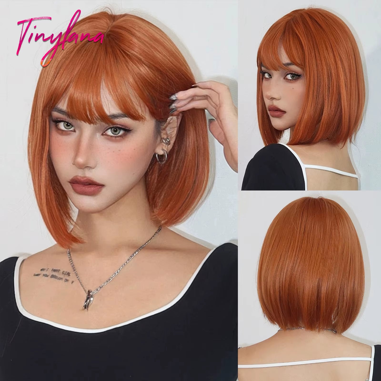 Short Orange Straight Synthetic Wigs for Women Medium Orange Cosplay Party Wig with Bangs Heat Resistant Lolita Natural Hair Use