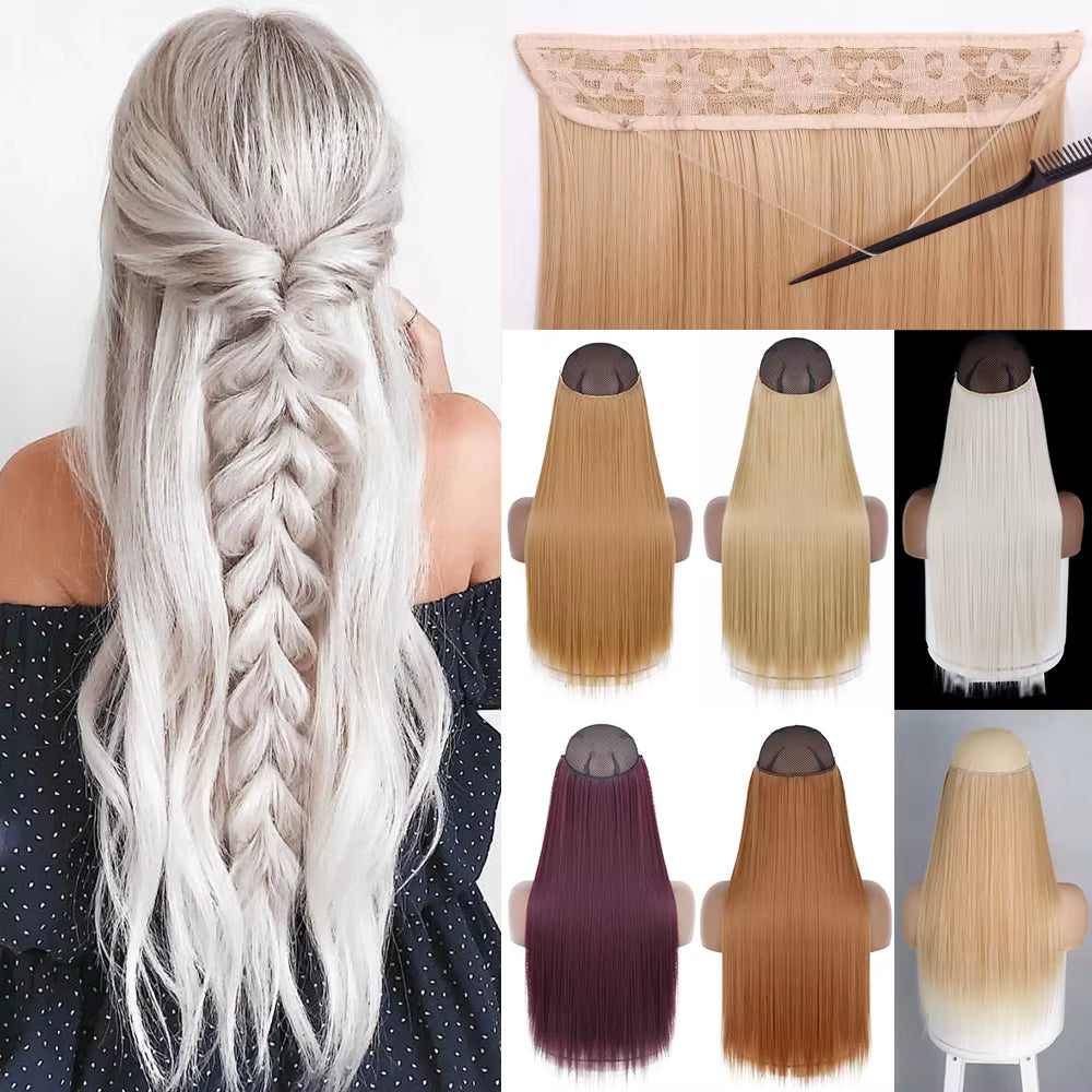 Synthetic Long Straight No Clip One Piece Hair Extension Natural Adjustable Line False Hairpiece for Women