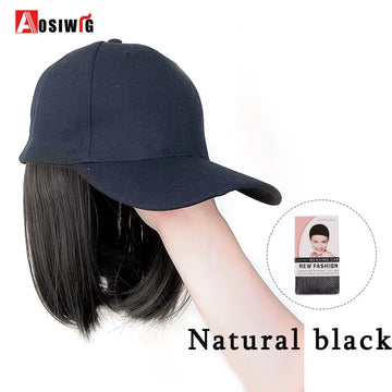 AOSI Fashion Black Baseball Cap with Wig One Piece Women Summer Synthetic Long Straight Hair Adjustable Hat Wig