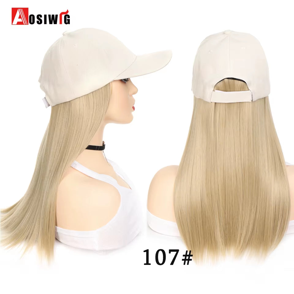 AOSI Fashion Black Baseball Cap with Wig One Piece Women Summer Synthetic Long Straight Hair Adjustable Hat Wig