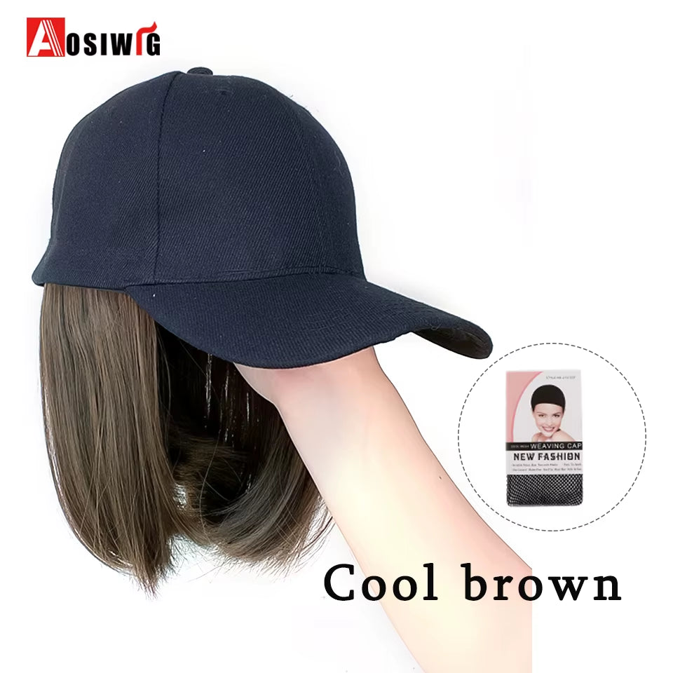 AOSI Fashion Black Baseball Cap with Wig One Piece Women Summer Synthetic Long Straight Hair Adjustable Hat Wig