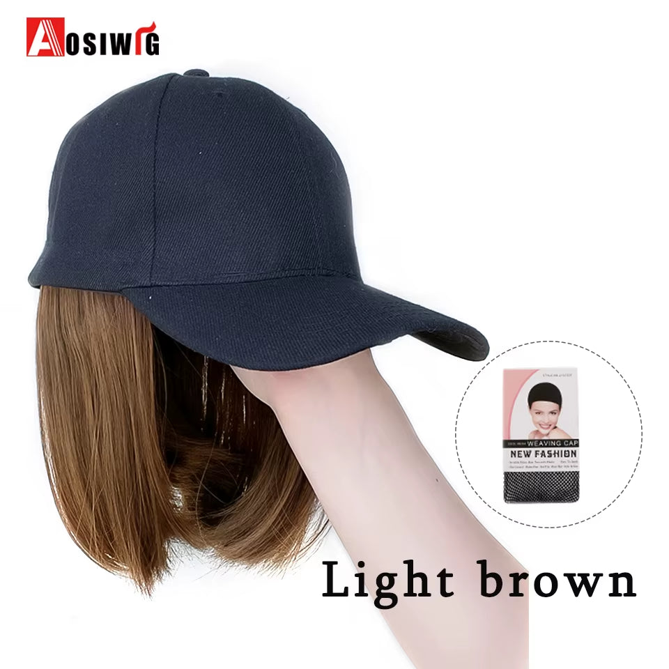 AOSI Fashion Black Baseball Cap with Wig One Piece Women Summer Synthetic Long Straight Hair Adjustable Hat Wig