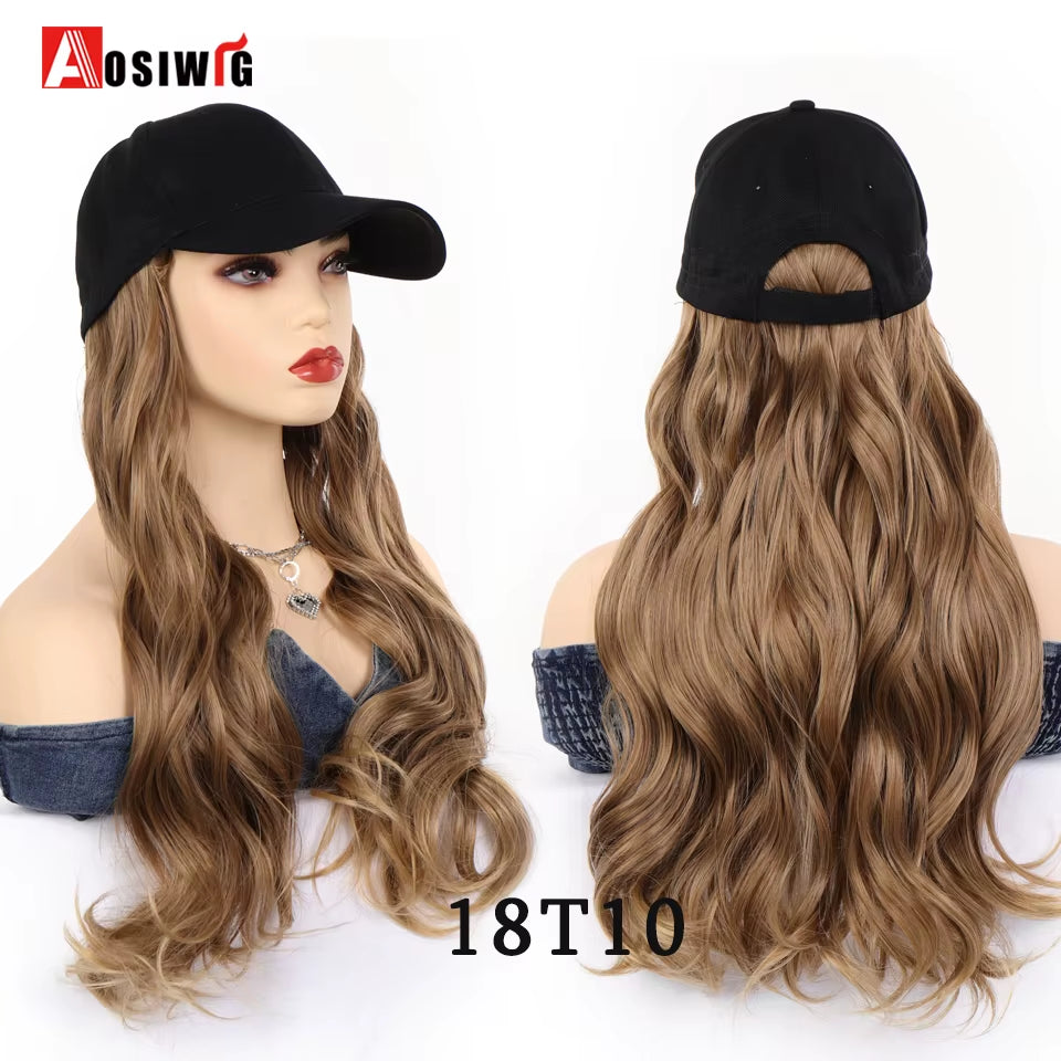 AOSI Fashion Black Baseball Cap with Wig One Piece Women Summer Synthetic Long Straight Hair Adjustable Hat Wig