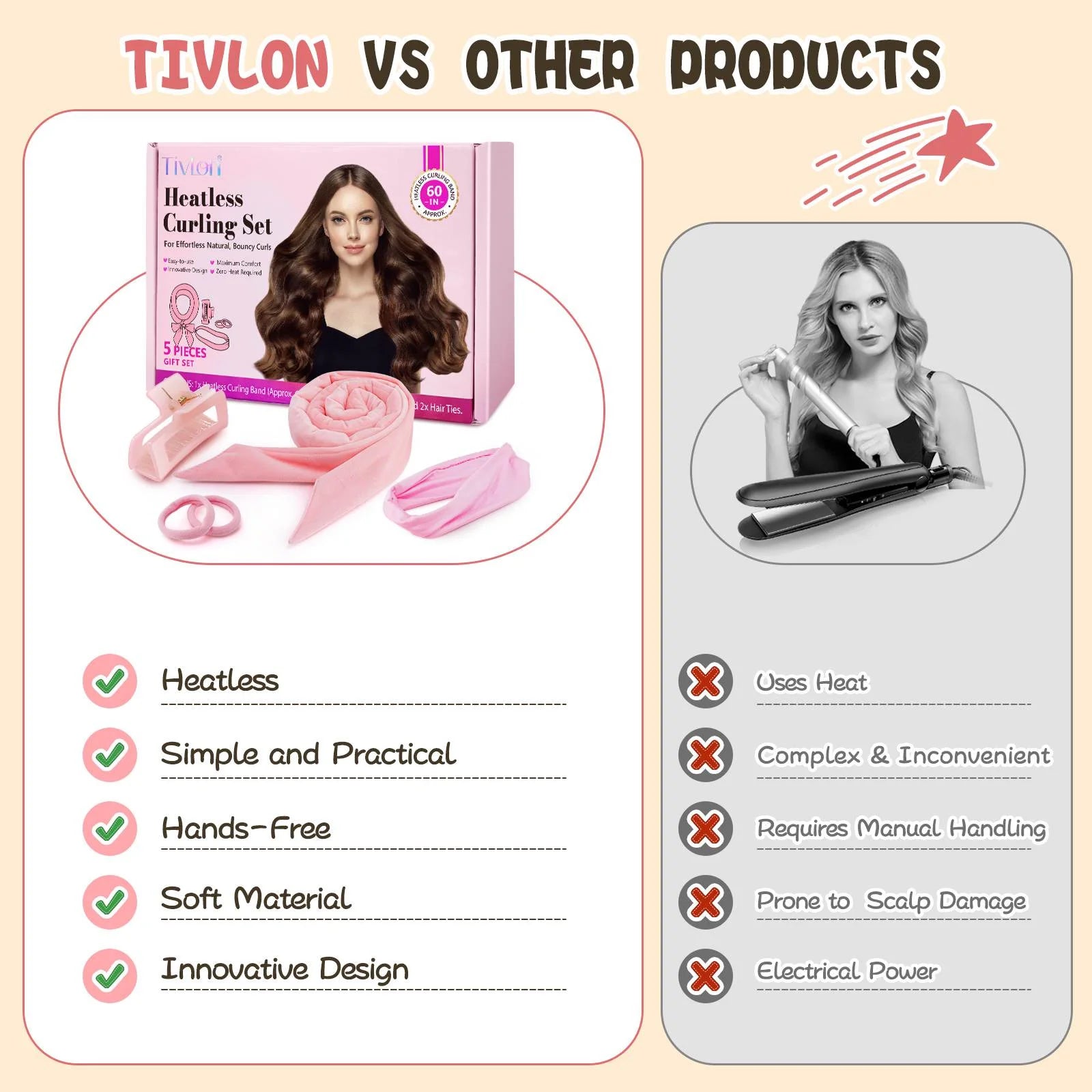 Heatless Hair Curler -  Overnight with Headband, and Silk Hair Wrap for Creating the Perfect Hairstyle - Pink