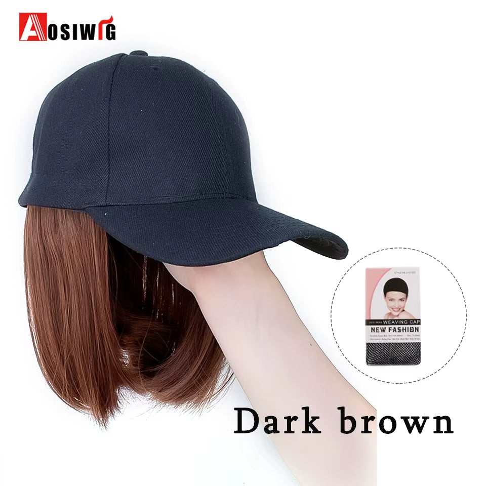 AOSI Fashion Black Baseball Cap with Wig One Piece Women Summer Synthetic Long Straight Hair Adjustable Hat Wig