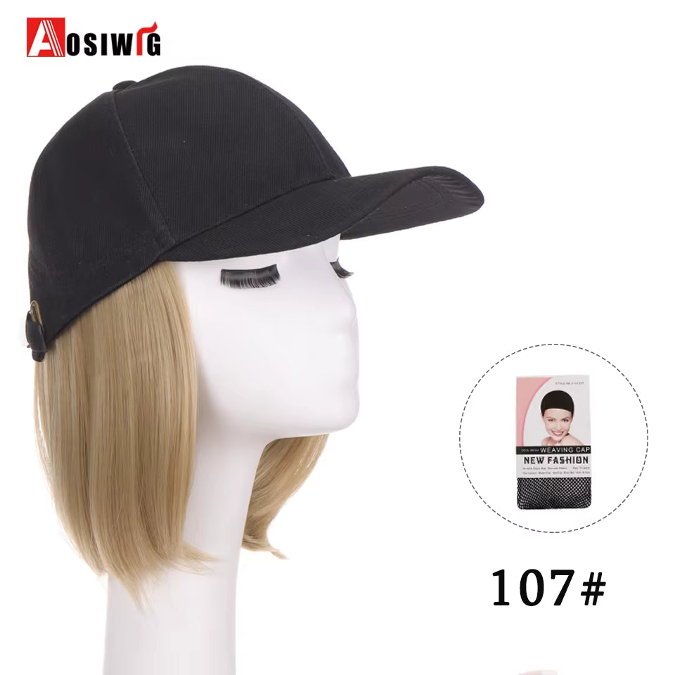 AOSI Fashion Black Baseball Cap with Wig One Piece Women Summer Synthetic Long Straight Hair Adjustable Hat Wig