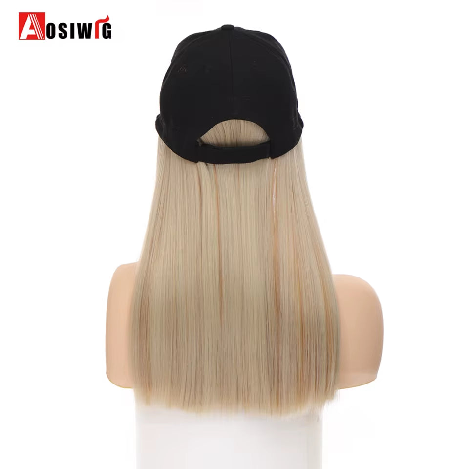 AOSI Fashion Black Baseball Cap with Wig One Piece Women Summer Synthetic Long Straight Hair Adjustable Hat Wig