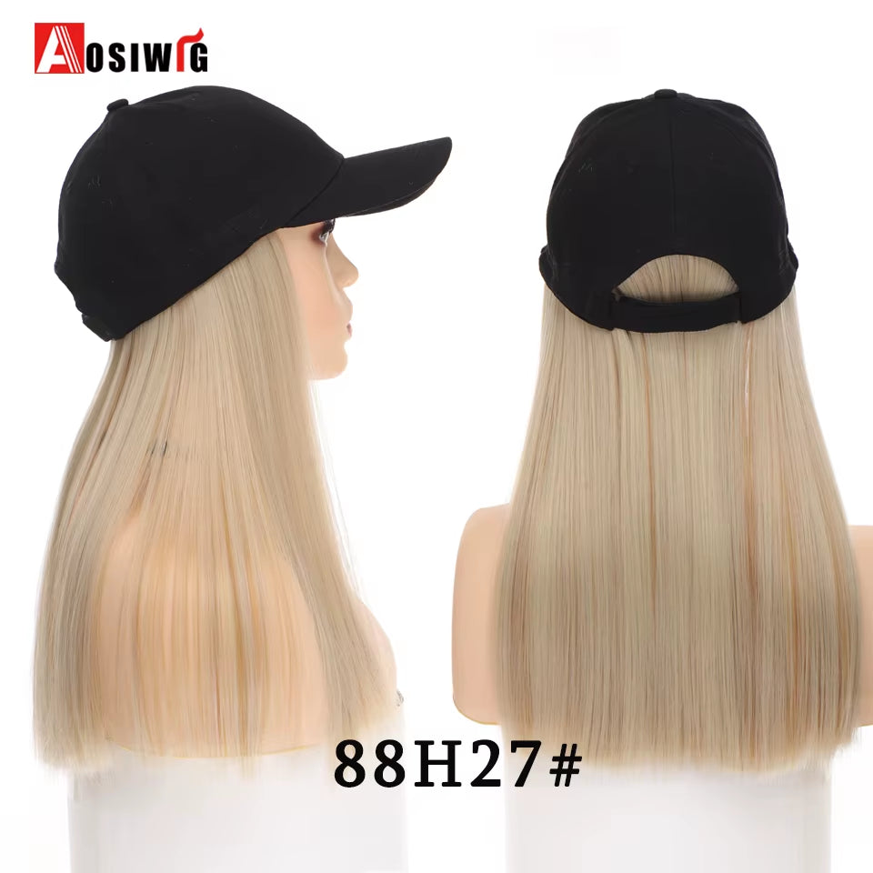 AOSI Fashion Black Baseball Cap with Wig One Piece Women Summer Synthetic Long Straight Hair Adjustable Hat Wig