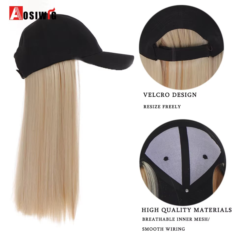 AOSI Fashion Black Baseball Cap with Wig One Piece Women Summer Synthetic Long Straight Hair Adjustable Hat Wig