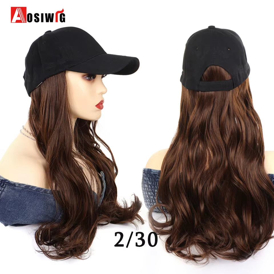 AOSI Fashion Black Baseball Cap with Wig One Piece Women Summer Synthetic Long Straight Hair Adjustable Hat Wig