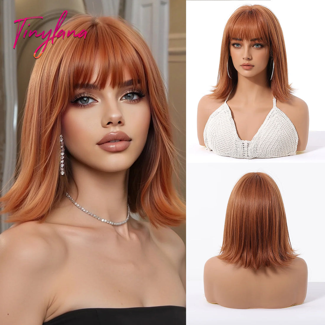 Short Orange Straight Synthetic Wigs for Women Medium Orange Cosplay Party Wig with Bangs Heat Resistant Lolita Natural Hair Use