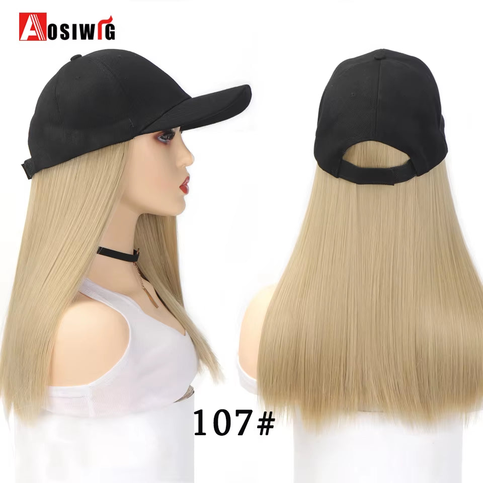 AOSI Fashion Black Baseball Cap with Wig One Piece Women Summer Synthetic Long Straight Hair Adjustable Hat Wig
