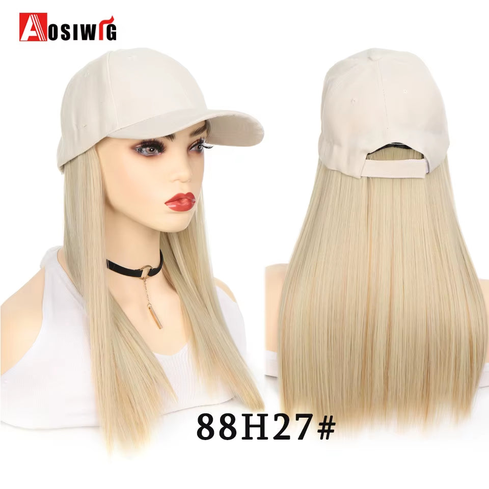 AOSI Fashion Black Baseball Cap with Wig One Piece Women Summer Synthetic Long Straight Hair Adjustable Hat Wig