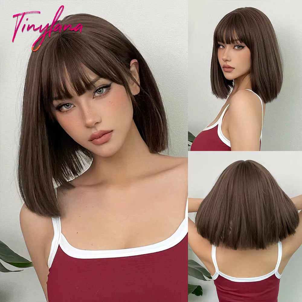 Short Orange Straight Synthetic Wigs for Women Medium Orange Cosplay Party Wig with Bangs Heat Resistant Lolita Natural Hair Use
