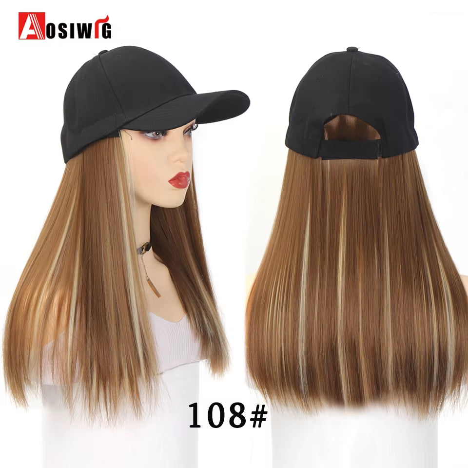 AOSI Fashion Black Baseball Cap with Wig One Piece Women Summer Synthetic Long Straight Hair Adjustable Hat Wig