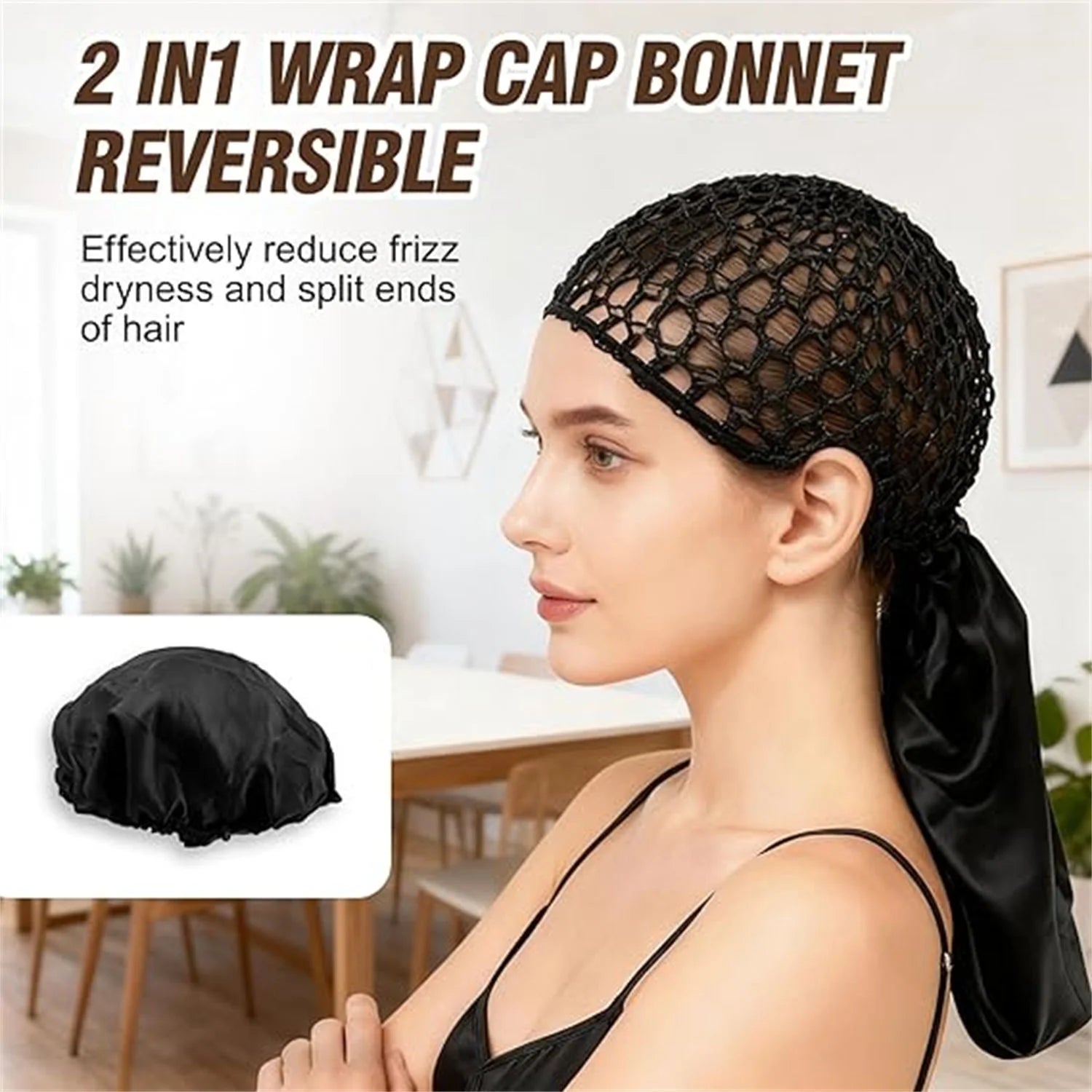 2 In1 Wrap Cap Bonnet Reversible Adjustable Tie Band, Silk Bonnet Hair Wrap Cap for Silk Press, New Satinbonnet for Sleeping, Double Layered Band for Curly Natural and Braided Hair (Black)