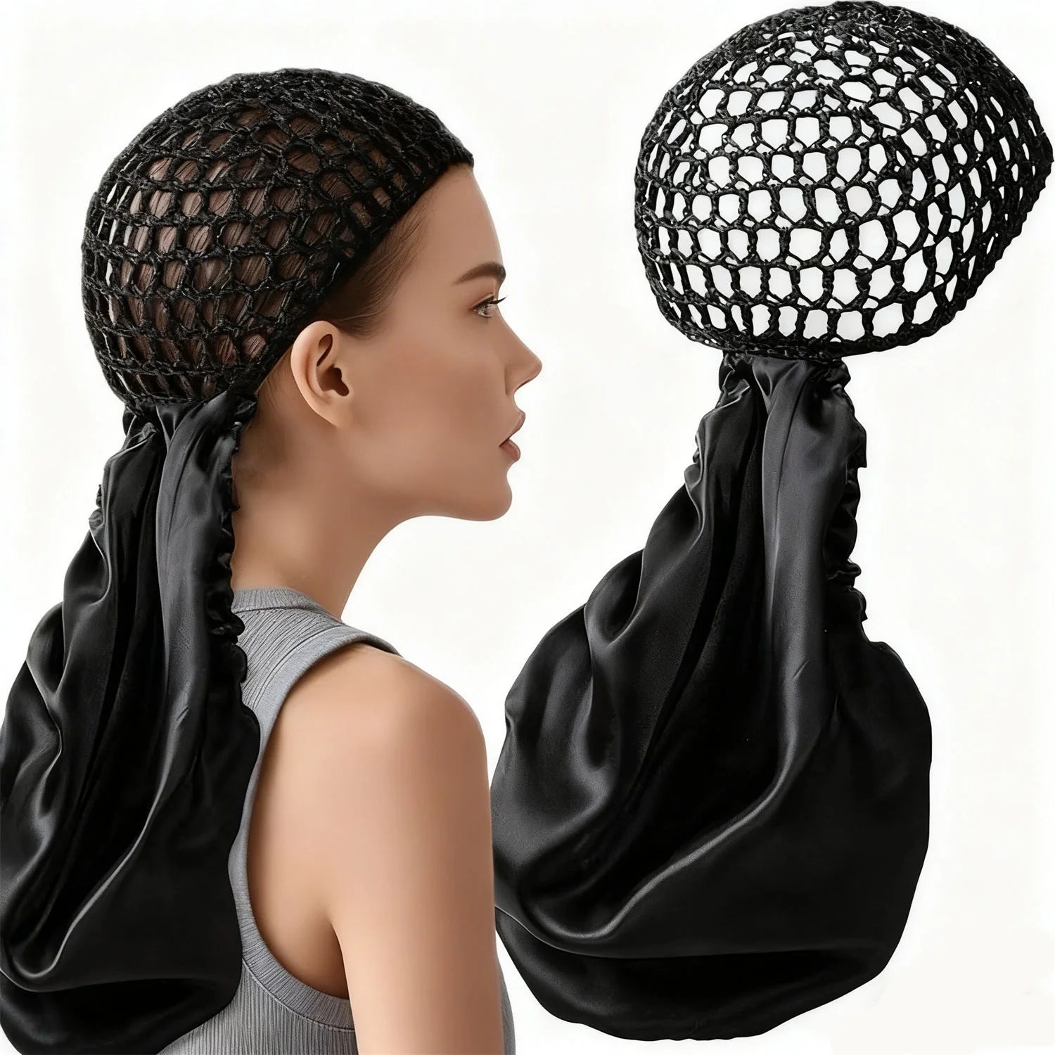 2 In1 Wrap Cap Bonnet Reversible Adjustable Tie Band, Silk Bonnet Hair Wrap Cap for Silk Press, New Satinbonnet for Sleeping, Double Layered Band for Curly Natural and Braided Hair (Black)