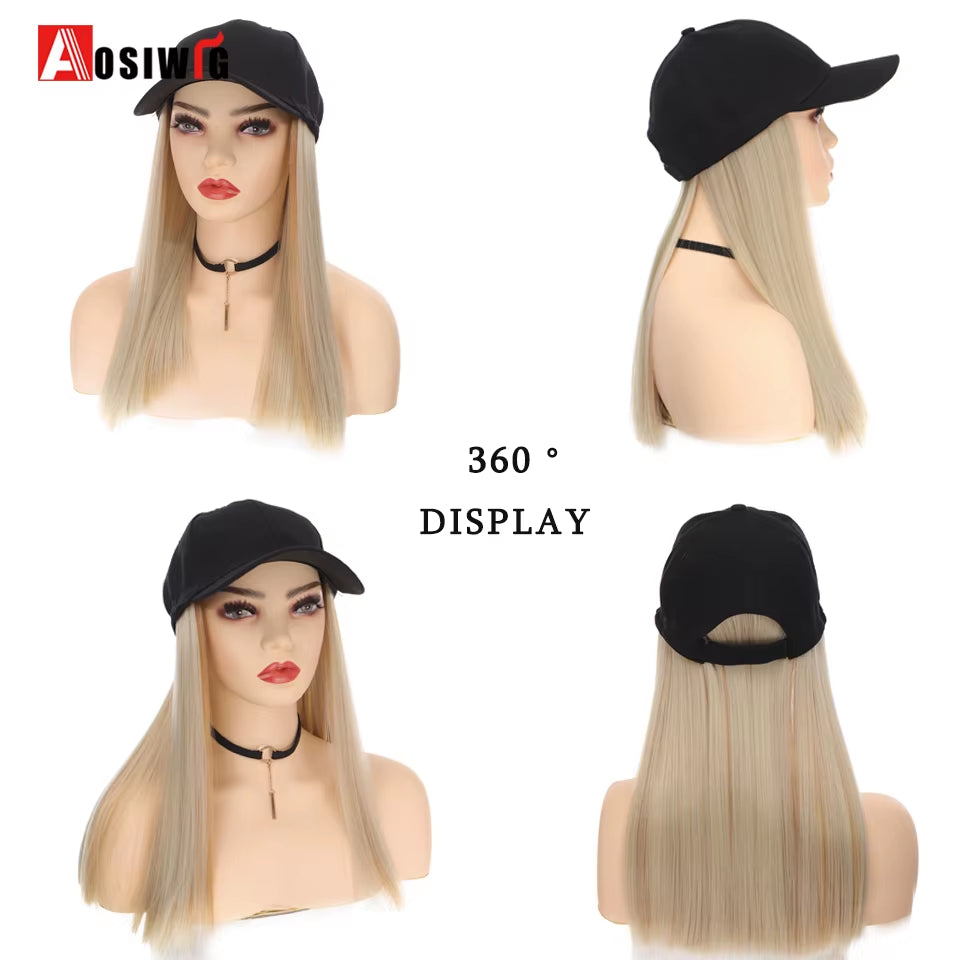 AOSI Fashion Black Baseball Cap with Wig One Piece Women Summer Synthetic Long Straight Hair Adjustable Hat Wig