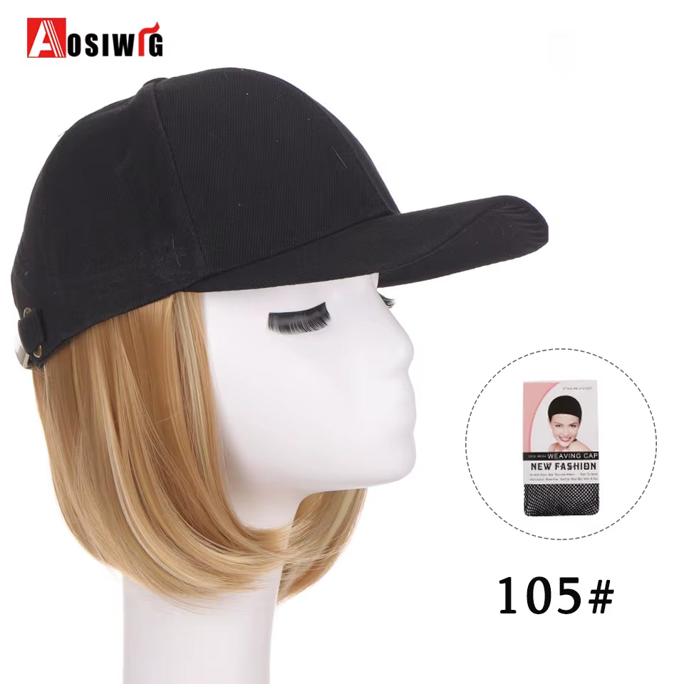AOSI Fashion Black Baseball Cap with Wig One Piece Women Summer Synthetic Long Straight Hair Adjustable Hat Wig
