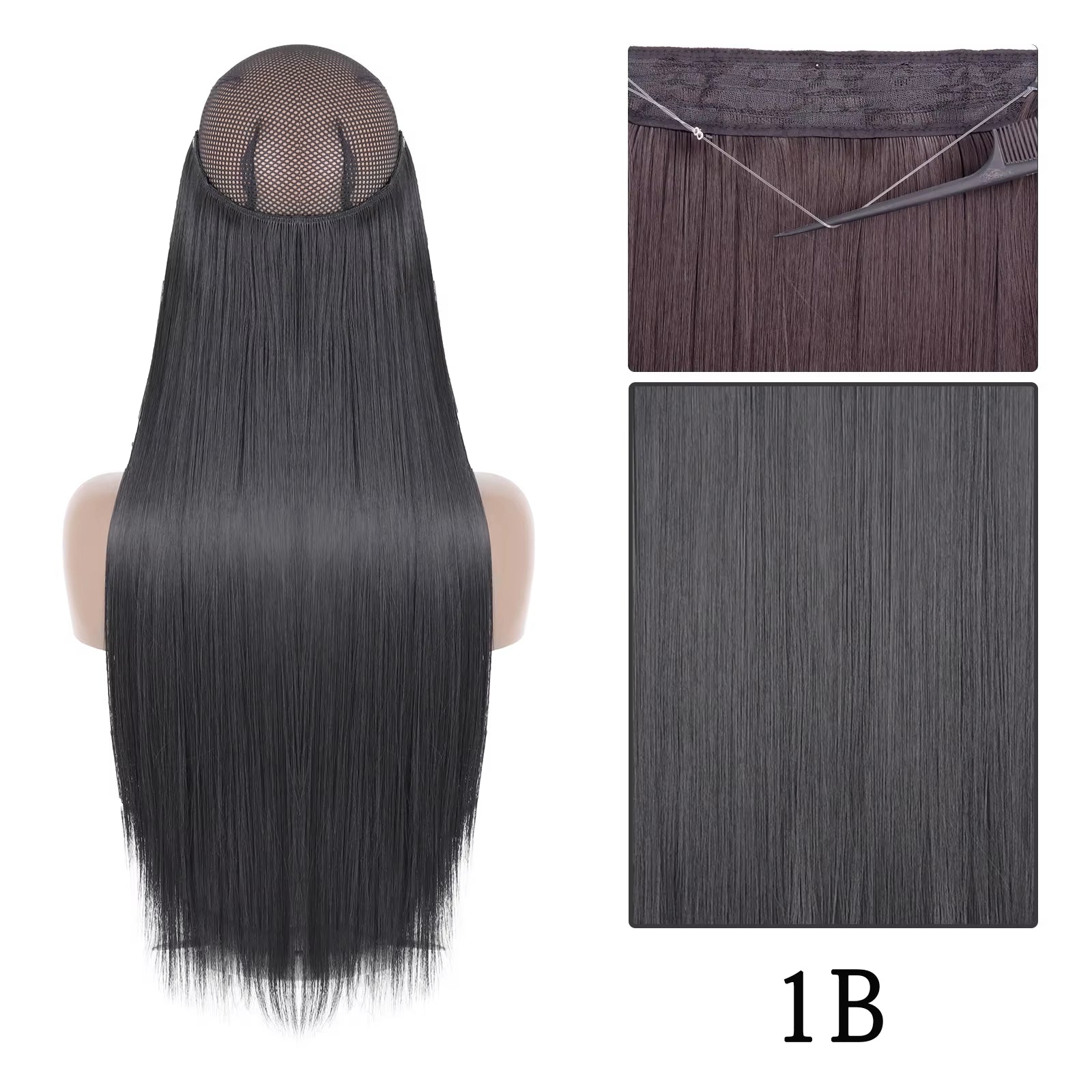 Synthetic Long Straight No Clip One Piece Hair Extension Natural Adjustable Line False Hairpiece for Women