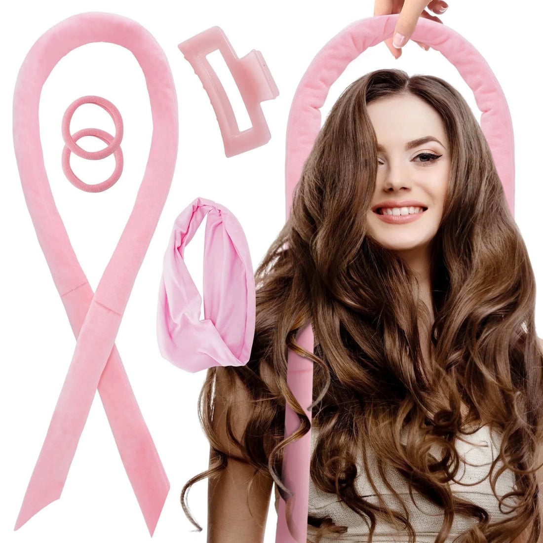 Heatless Hair Curler -  Overnight with Headband, and Silk Hair Wrap for Creating the Perfect Hairstyle - Pink