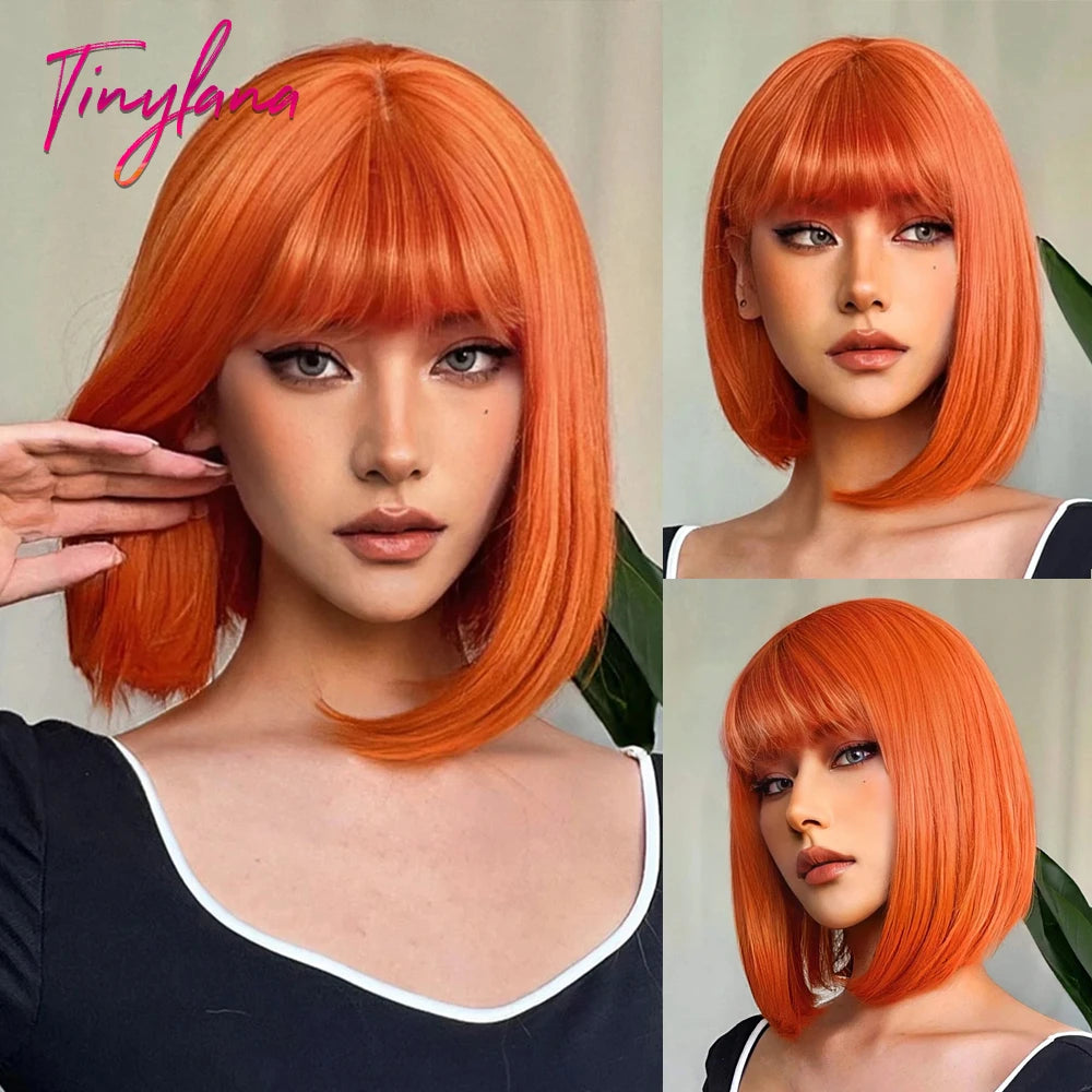 Short Orange Straight Synthetic Wigs for Women Medium Orange Cosplay Party Wig with Bangs Heat Resistant Lolita Natural Hair Use