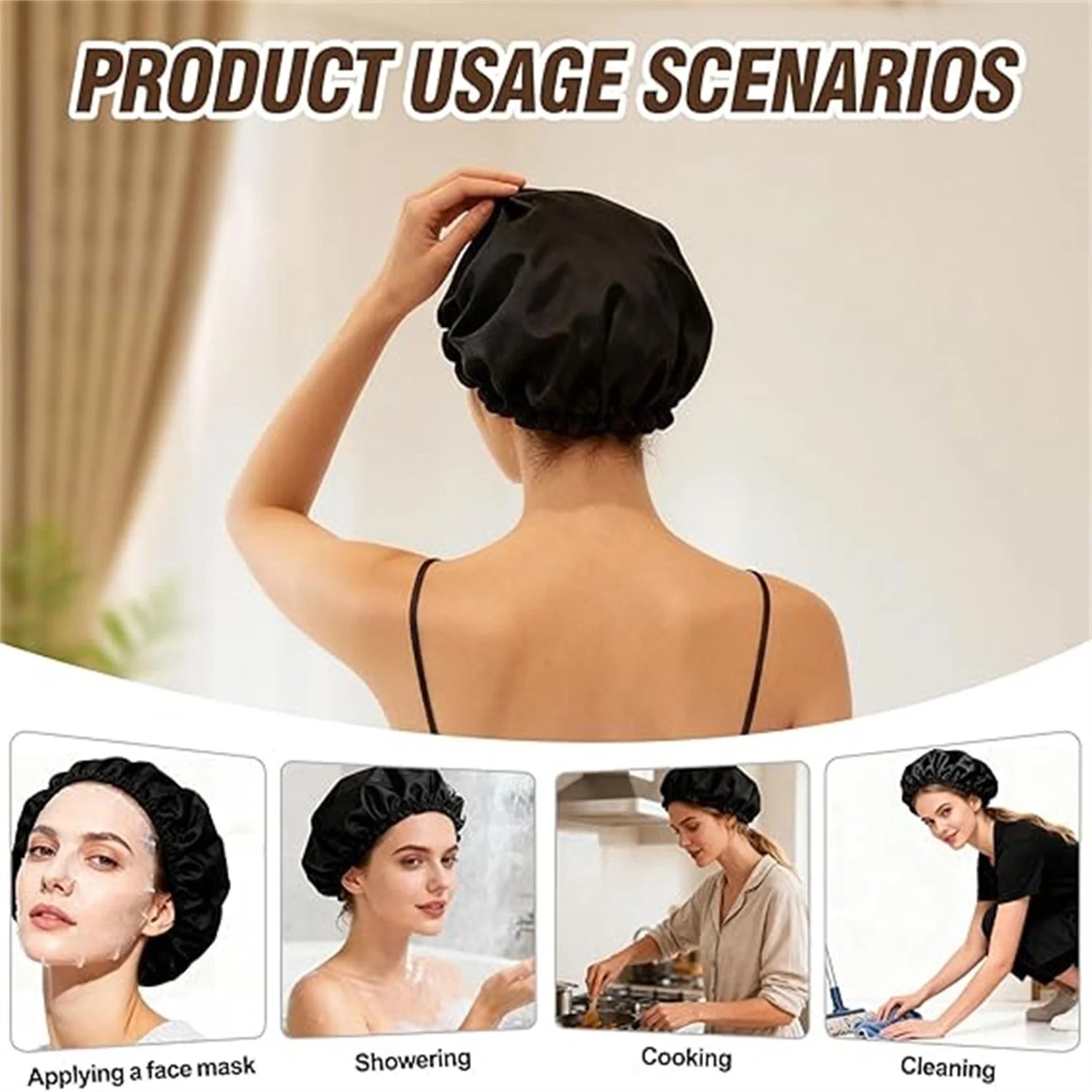 2 In1 Wrap Cap Bonnet Reversible Adjustable Tie Band, Silk Bonnet Hair Wrap Cap for Silk Press, New Satinbonnet for Sleeping, Double Layered Band for Curly Natural and Braided Hair (Black)