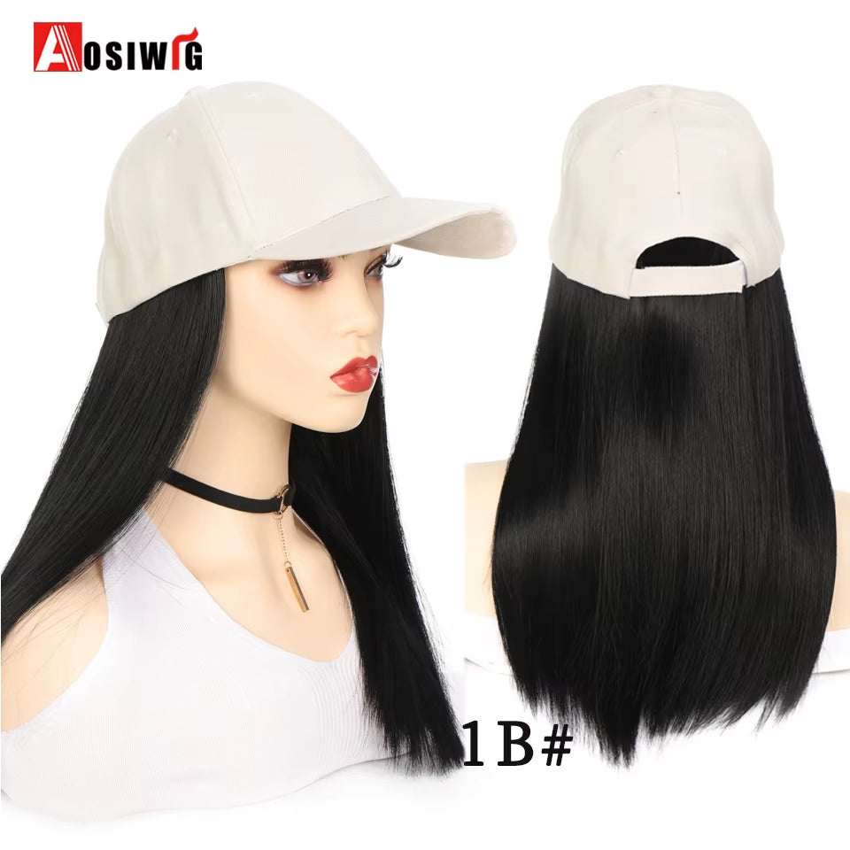 AOSI Fashion Black Baseball Cap with Wig One Piece Women Summer Synthetic Long Straight Hair Adjustable Hat Wig