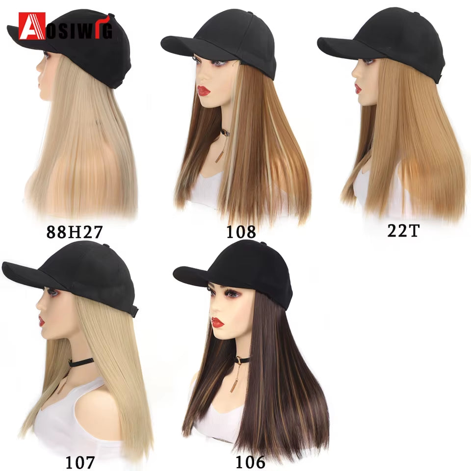 AOSI Fashion Black Baseball Cap with Wig One Piece Women Summer Synthetic Long Straight Hair Adjustable Hat Wig