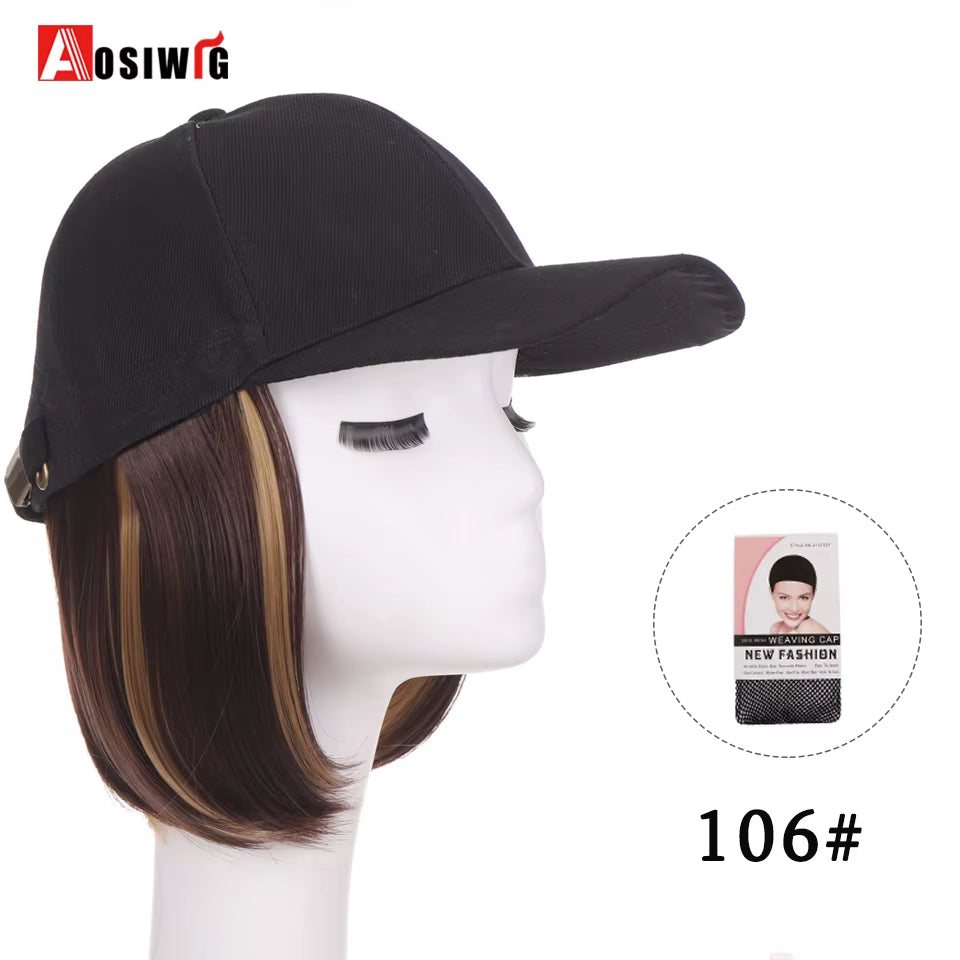 AOSI Fashion Black Baseball Cap with Wig One Piece Women Summer Synthetic Long Straight Hair Adjustable Hat Wig