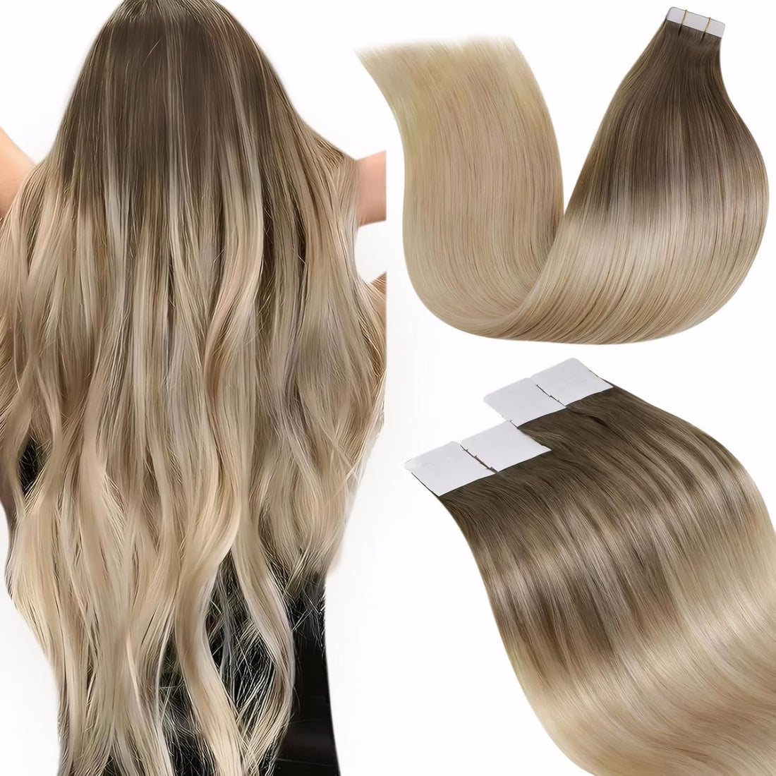 Tape in Extensions Balayage Blonde Human Hair Tape in Hair Extensions Light Brown to Ash Blonde Mix Platinum Blonde Hair Extensions Tape on Real Human Hair 18Inch 50G 20Pcs